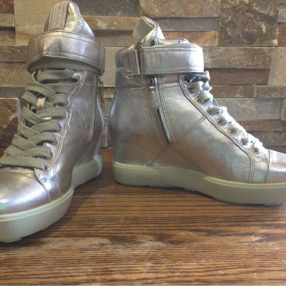 PRADA Silver Metallic Wedge Sneakers w/inner zip+Hook/Loop Closure - Picture 8 of 12